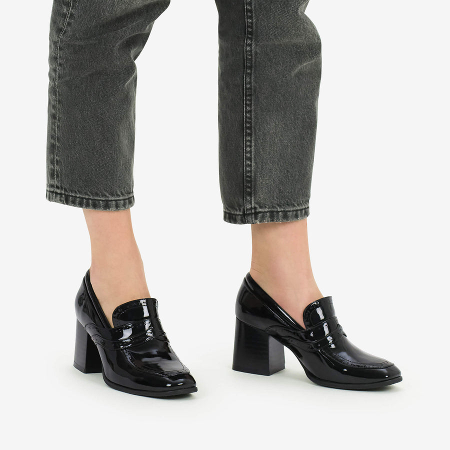 high heel loafers black leather patent by julia bo