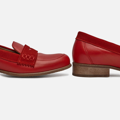 red womens loafers close up leather