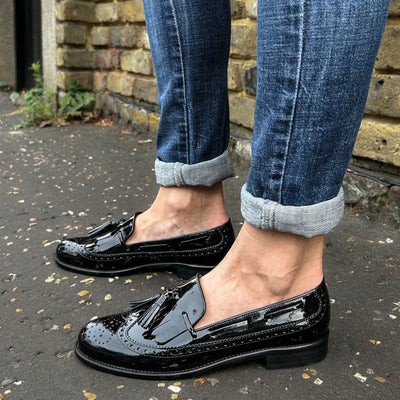 womens loafers black patent leather tassel
