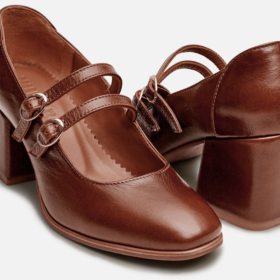 brown heeled mary janes by julia bo