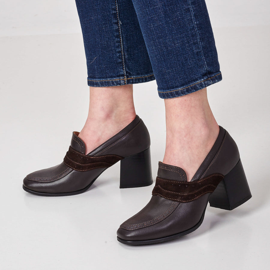 chunky high heels loafers brown leather