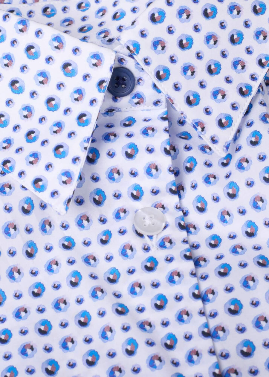 Blue patterned shirt on a light gray background