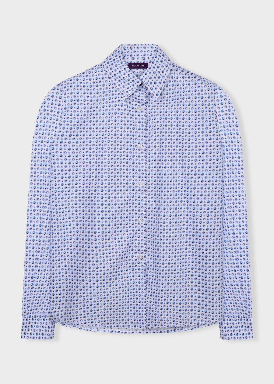 Blue patterned shirt on a light gray background