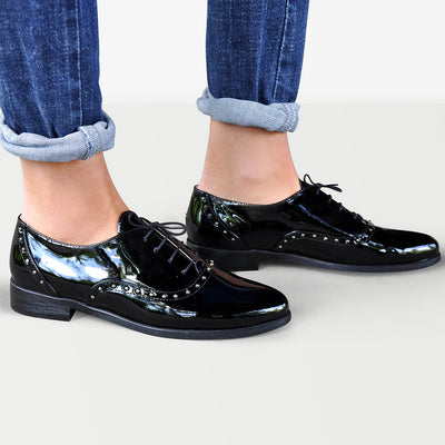 Black White Glossy Patent Leather Lace Up Oxfords Flats Dress Shoes