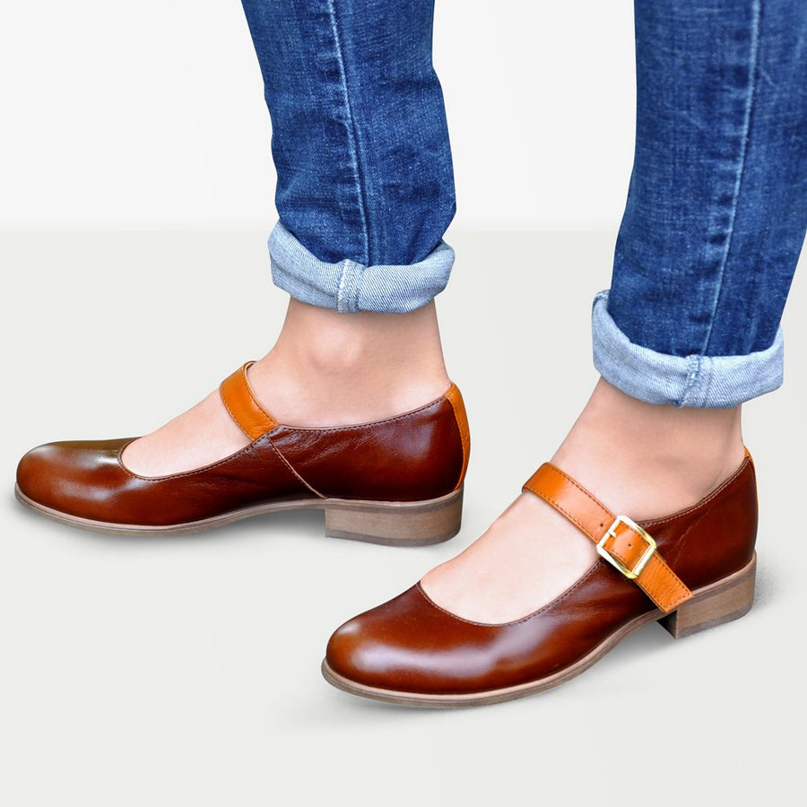 Flat Mary Jane Shoes Brown Leather by Julia Bo