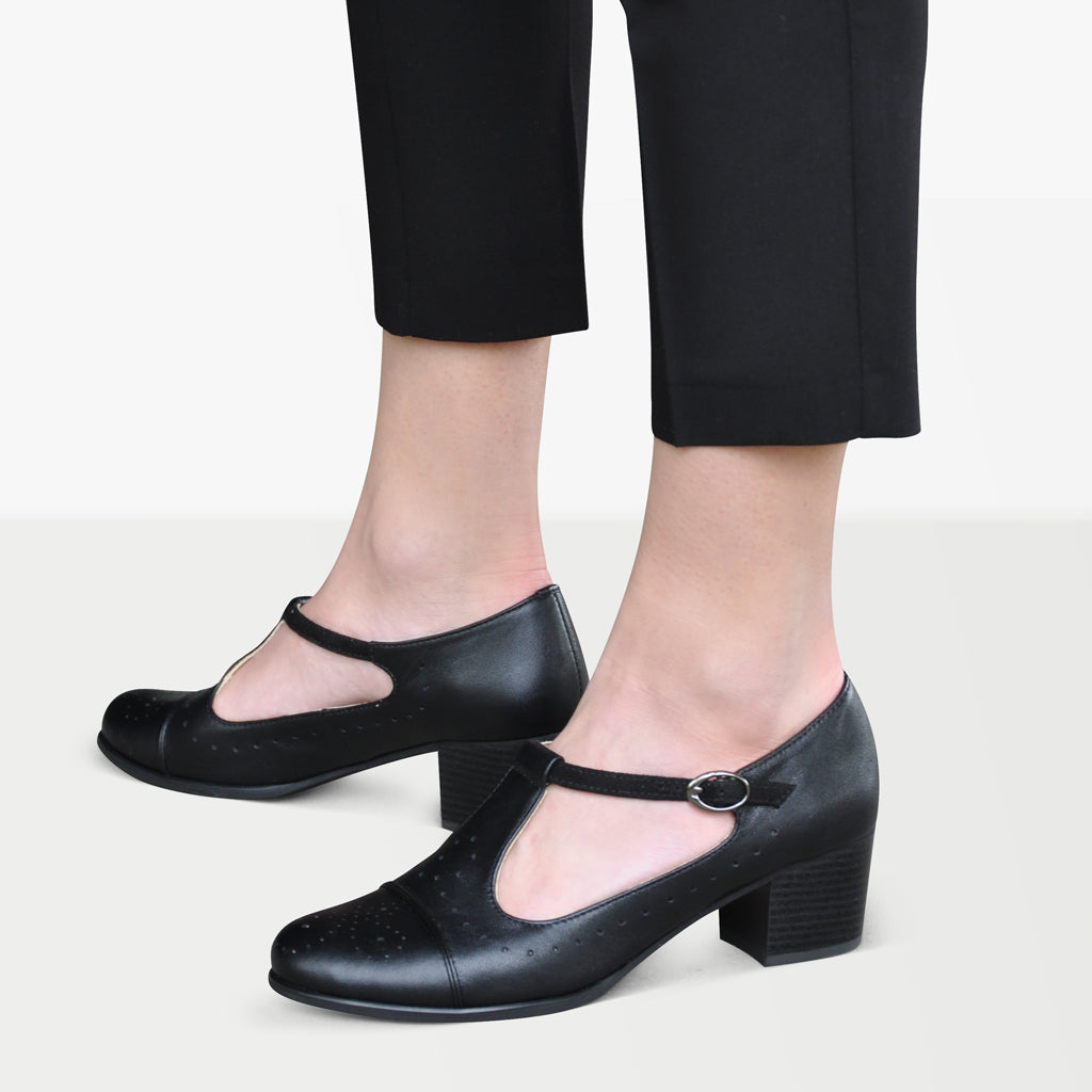 Edna Black Leather Mary Janes Natural Heel by Django & Juliette | Shop  Online at Mathers