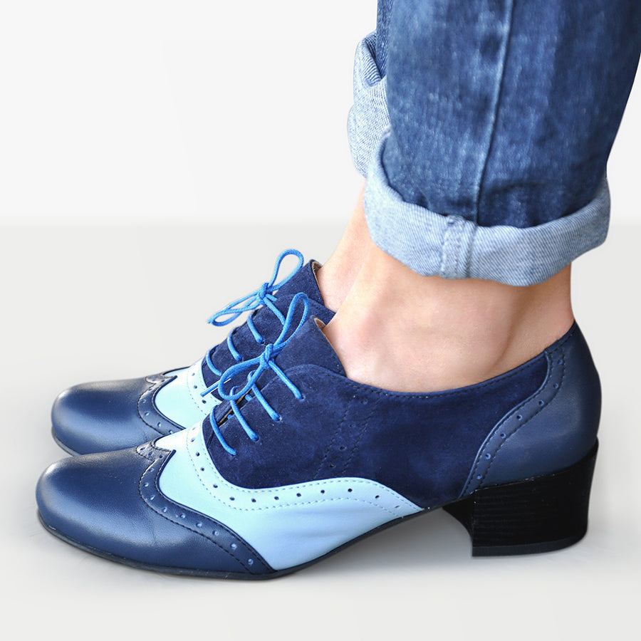 low heel oxford shoes blue leather
